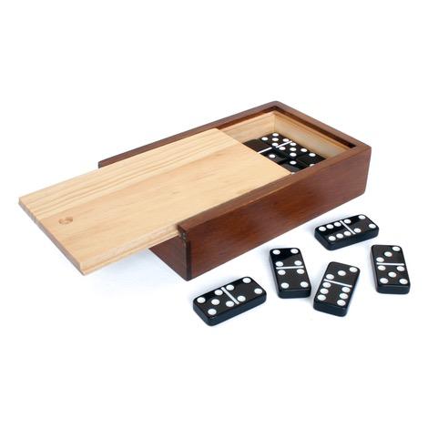 Double 6 Black Dominoes with White Dots in Wooden Case